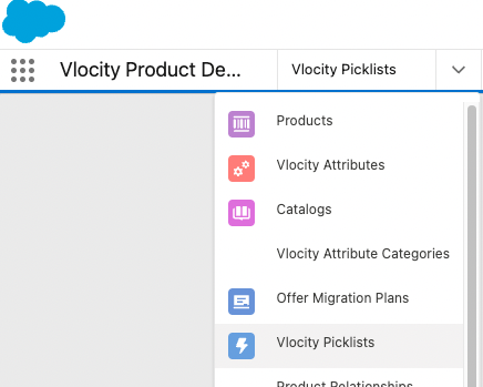 vlocity product designer power launcher showing the vlocity picklists