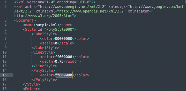 sublime text editor change color hex code of kml polygons