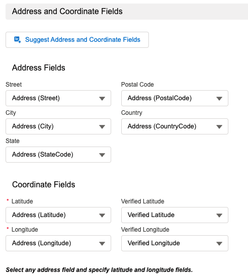 Salesforce maps settings for base object address and coordinate fields and verified latitude verified longitude to move a marker