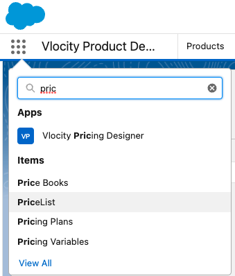 vlocity app launcher product designer open PriceList